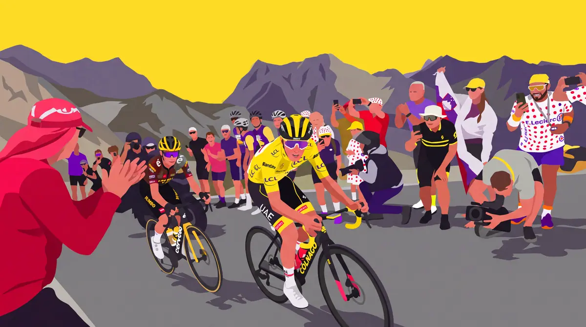 Illustration d'une course cycliste : le peloton franchit un col de montagne sous les encouragements du public