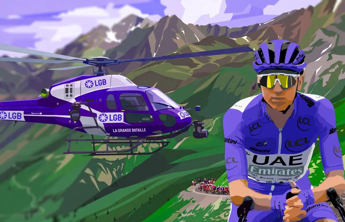 Illustration d'un hélicoptère aux couleurs de LGB survolant un coureur en montagne